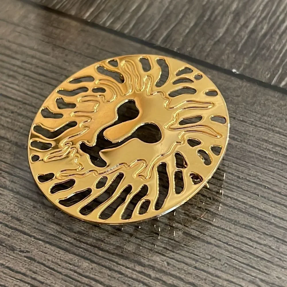 Vintage Anne Klein Gold Tone Round Lion Head Logo Shiny Brooch Pin Designer